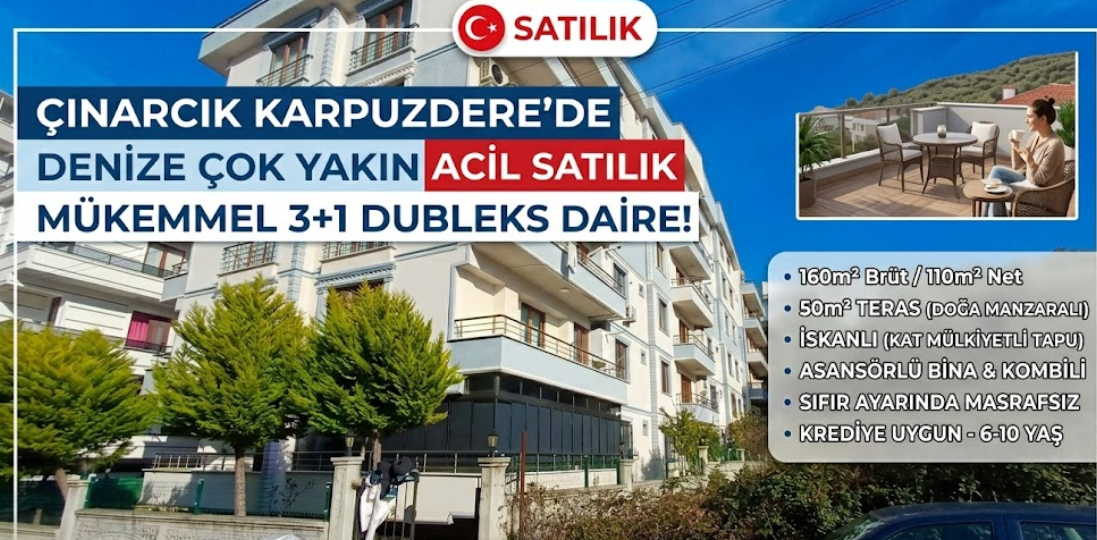 Yalova Çınarcık Karpuzdere’de Satılık 3+1 Dubleks Daire | 50 m² Teraslı, Asansörlü, Denize Yakın, Doğa Manzaralı